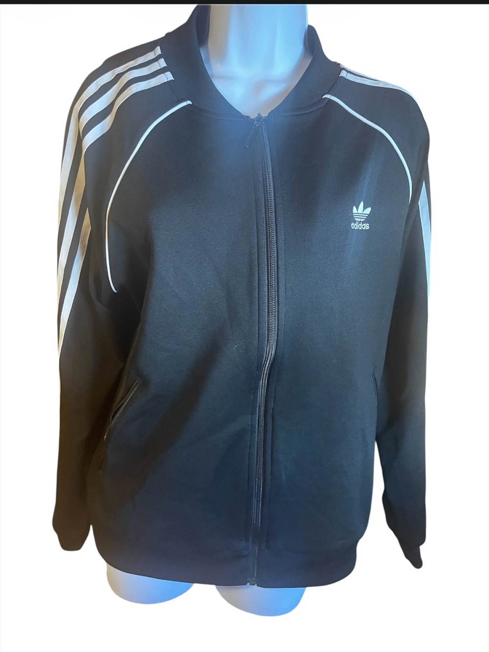 adidas Black Bomber Jacket with White Three-Stripe Detail - Women